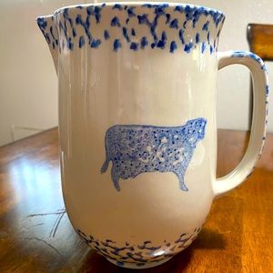 Tienshan Folk Craft blue sponge pottery, cow and heart